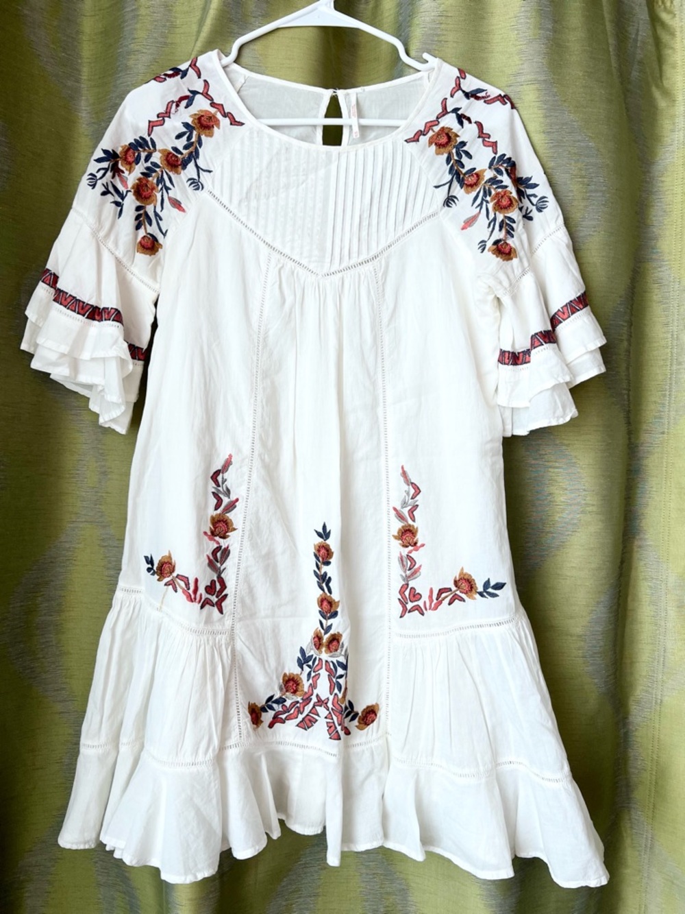 Free People Embroidered White Boho Ruffle-Sleeve Women's Dress